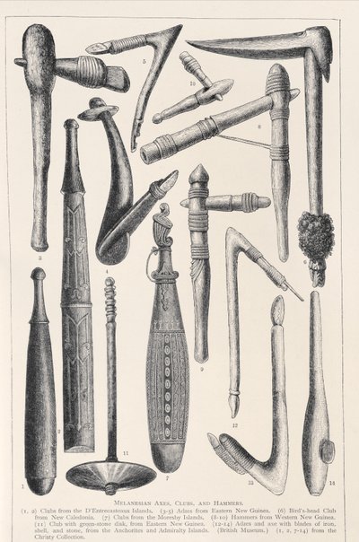 Melanesische Äxte, Keulen und Hämmer, aus Die Geschichte der Menschheit, Bd.1, von Prof. Friedrich Ratzel, 1896 von English School